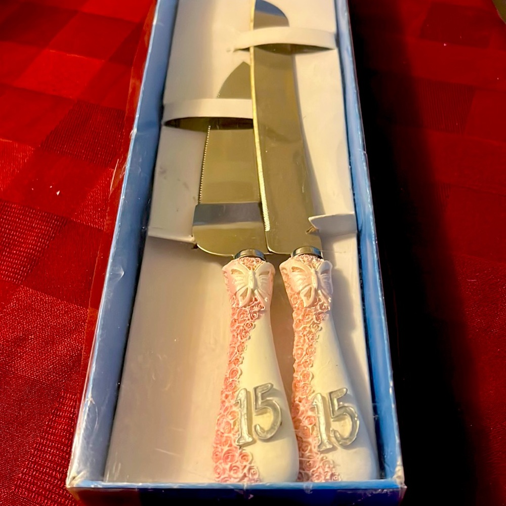 Cake Knife & Server for 15 Birthday Pink Roses with Butterfly on the Handle